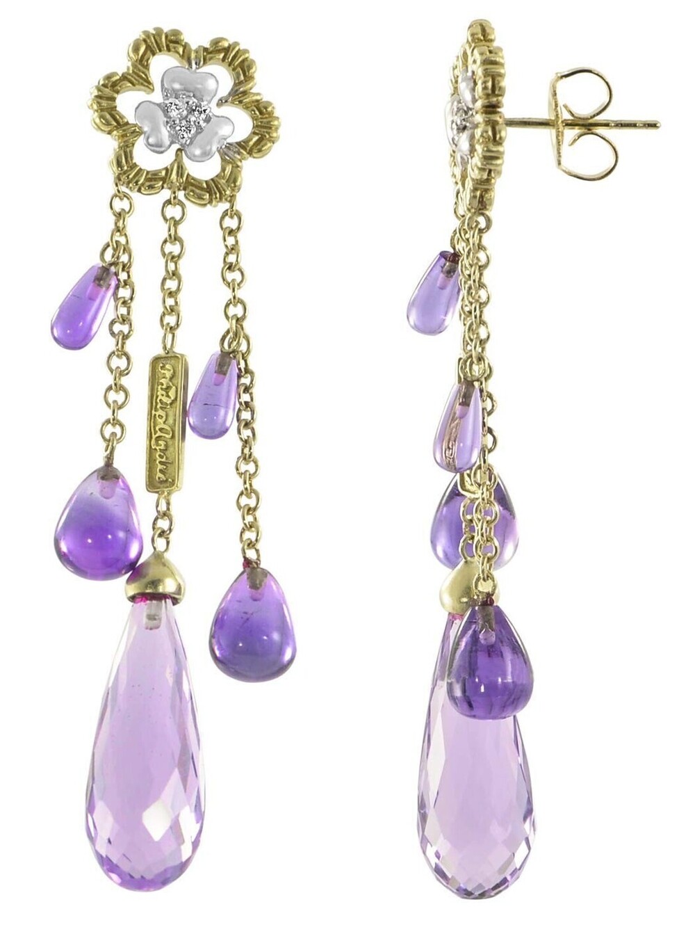 Philip Andre 18K Two Tone Gold Amethyst & Diamond Drop Dangling Earrings